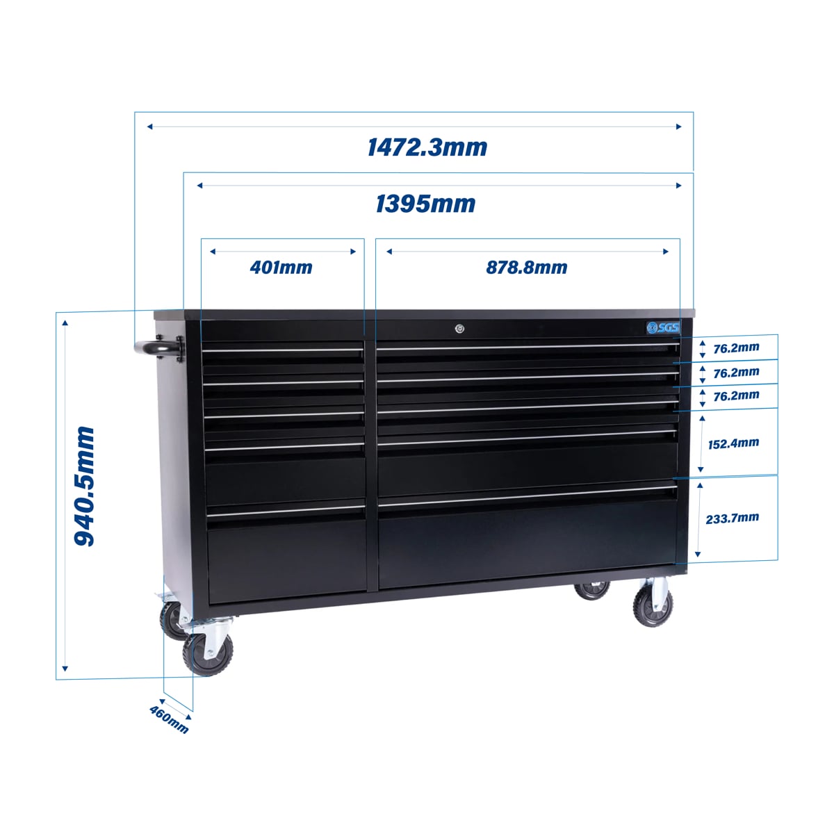 SGS 55in Deluxe 10 Drawer Wheeled Tool Cabinet | Black